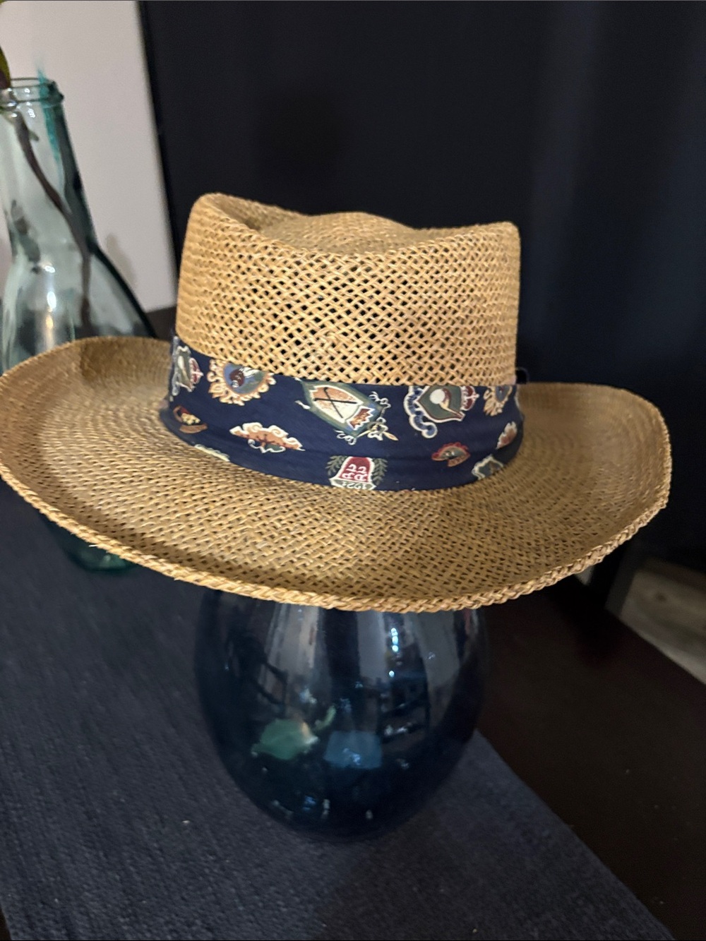 Men's Tan Straw Fedora with Navy Patterned Band